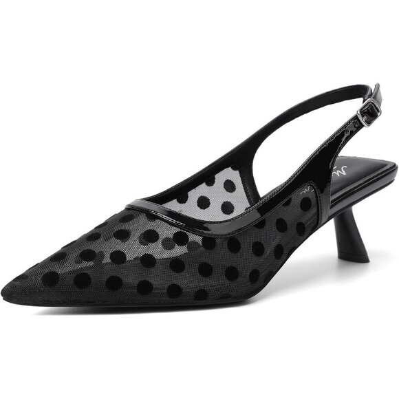 Shoes - Women's Black Polka Pointed Toe Pumps Patent Leather Slingback Heels With Buckle